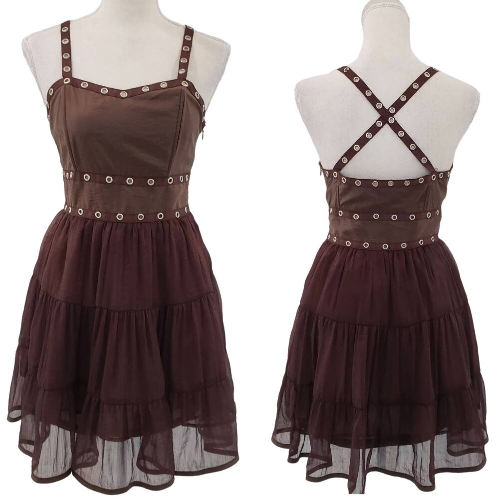 Minuet Brown Satin & Chiffon Fit n Flare Grommet Strappy Mini Cocktail Dress S